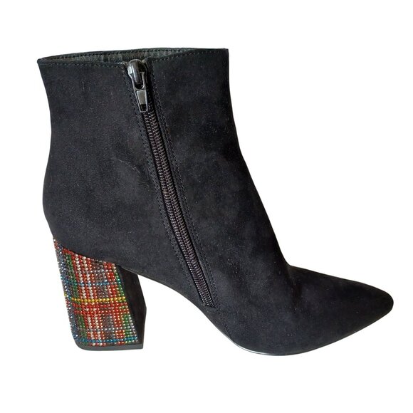 Black Suede Side Zip Pointed Toe Multi Color Rhinestone Block Heel Bootie SZ 7M - Picture 2 of 14